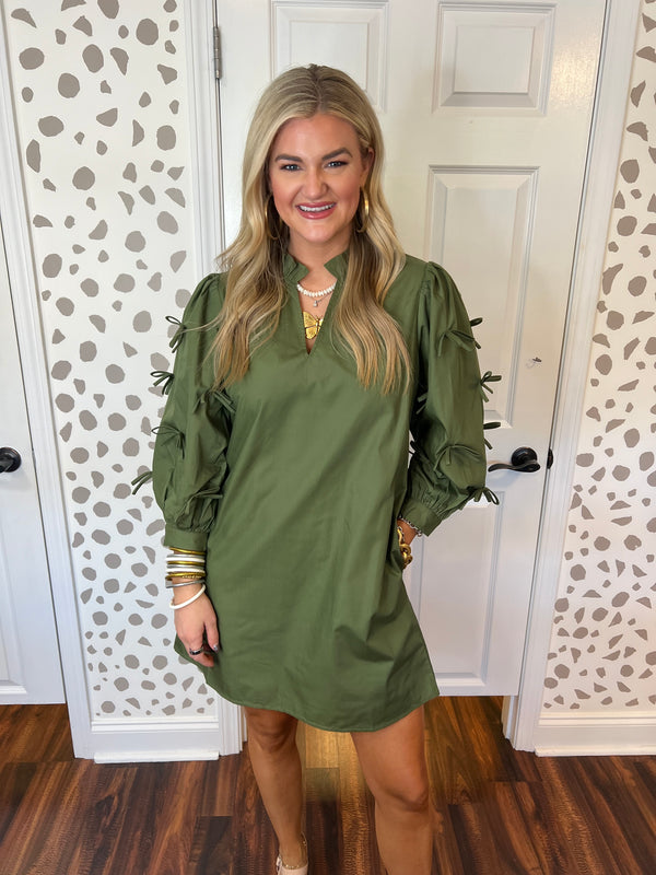 Olive Bow Sleeve Mini Dress