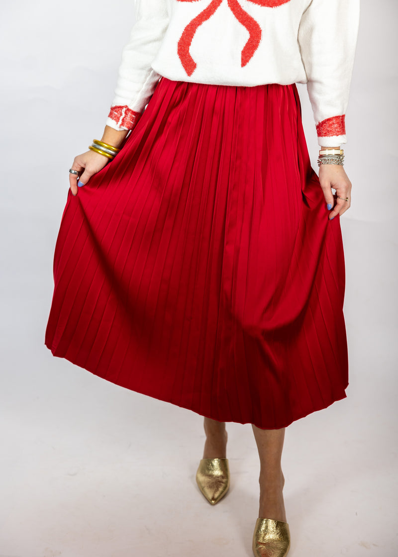 Red Pleated Midi Skirt
