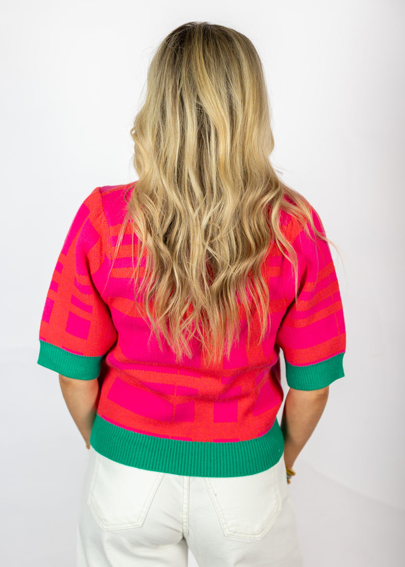Pink Plaid Short Sleeve Sweater