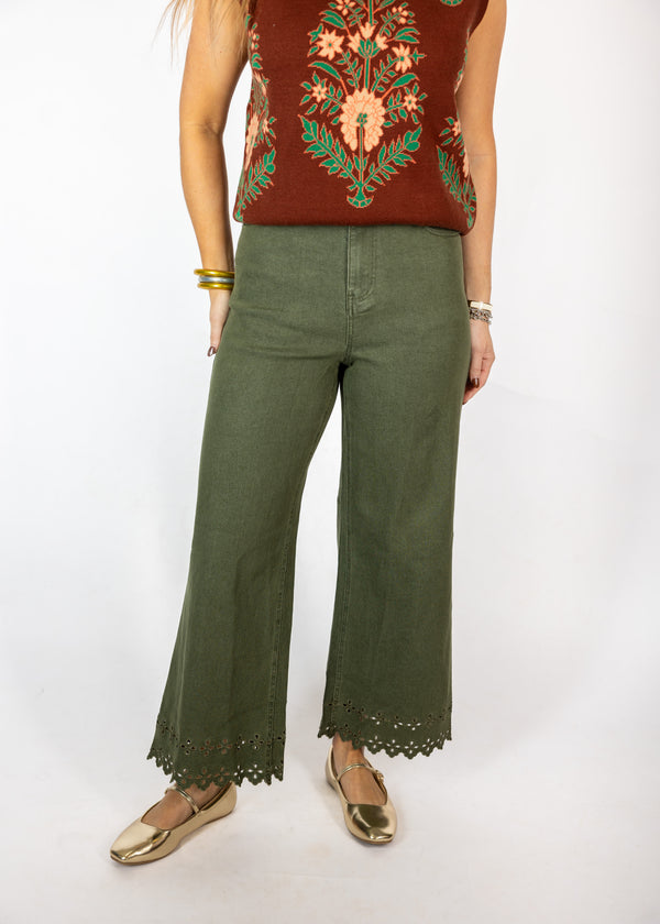 Eyelet Hem Olive Pants