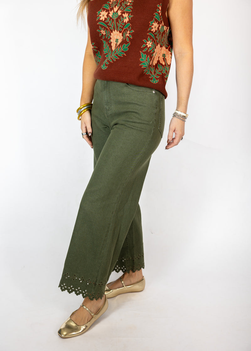 Eyelet Hem Olive Pants