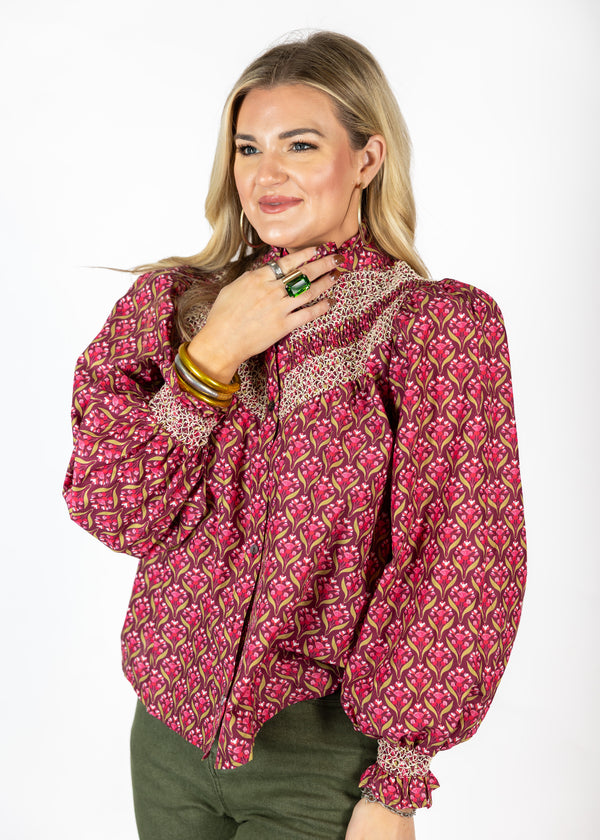 Wine Smocked Top