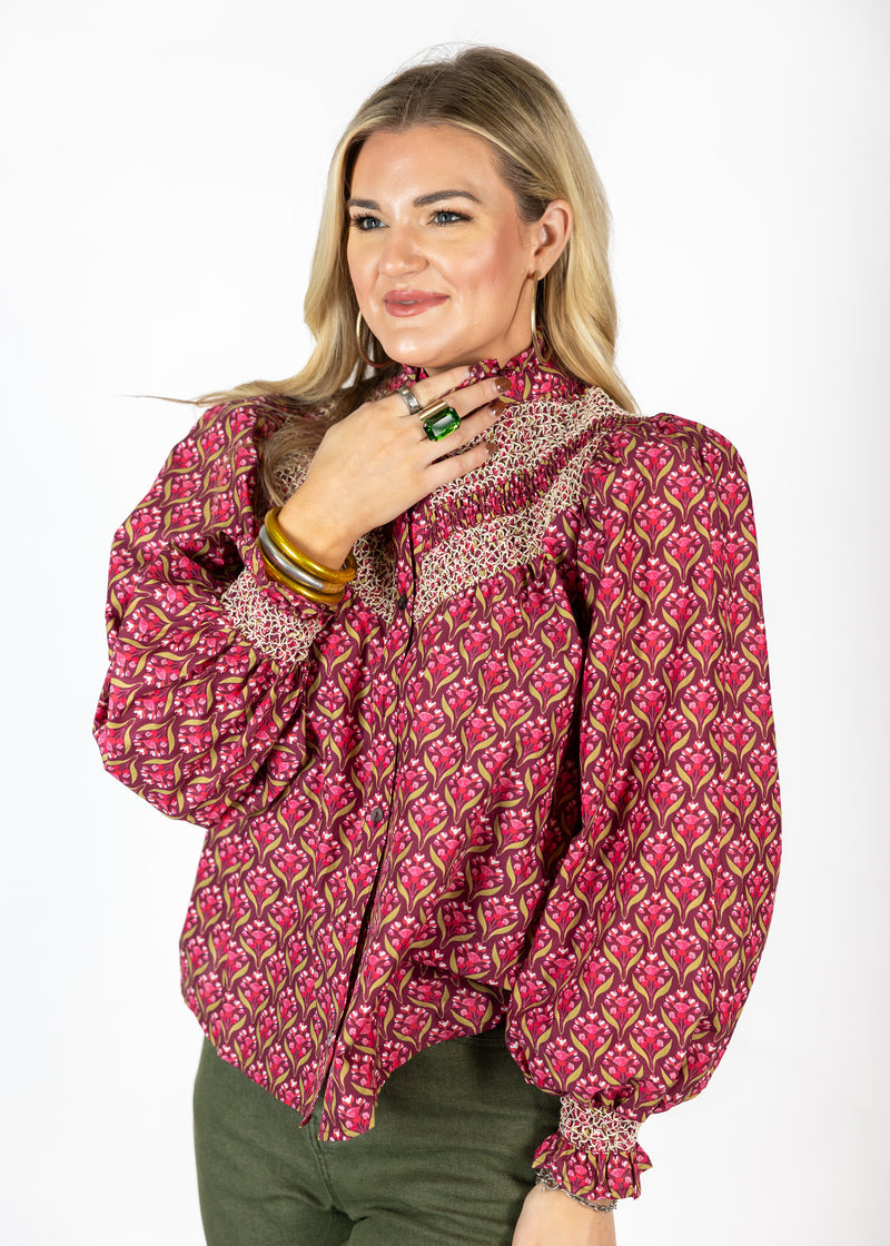 Wine Smocked Top