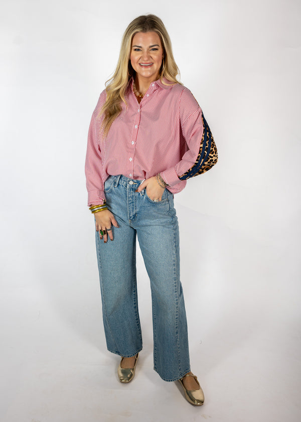 Red Stripe Cheetah Button Down Top