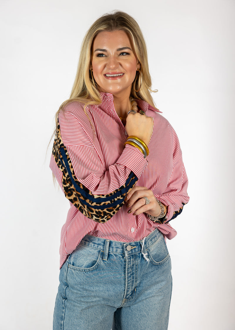 Red Stripe Cheetah Button Down Top
