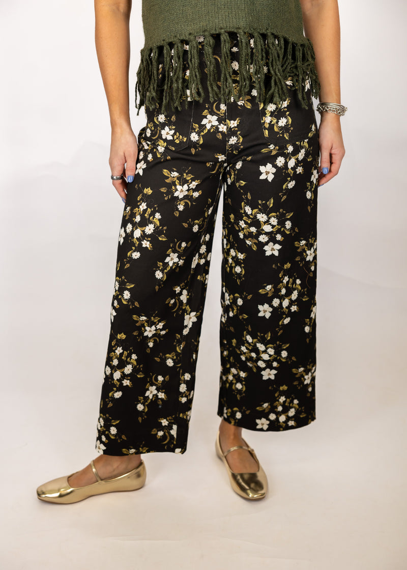 Black Floral Wide Leg Pants