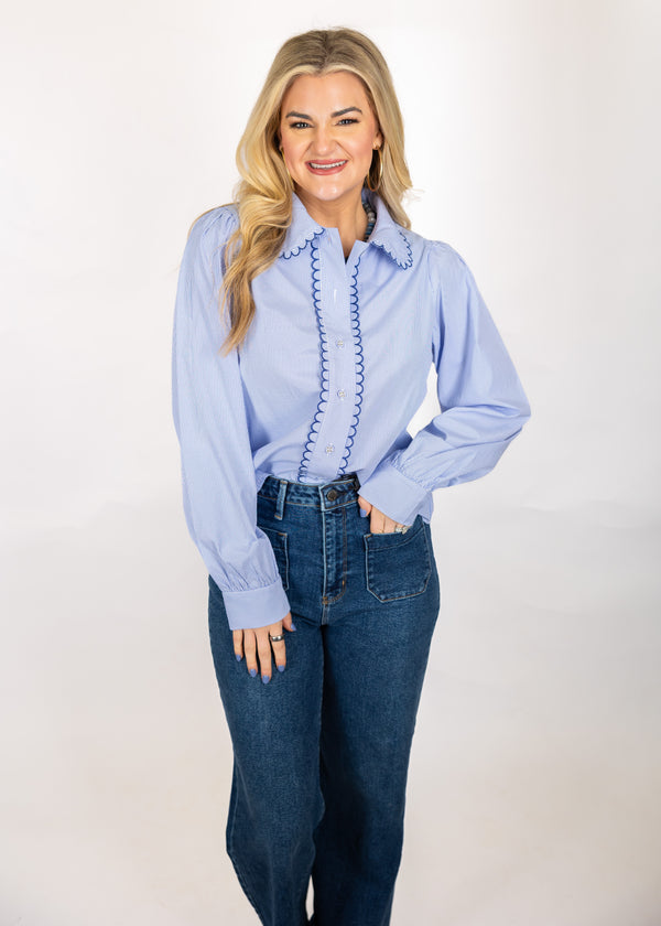 Blue Stripe Scalloped Collar Top