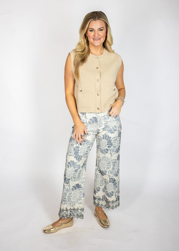 Grey Floral Eyelet Hem Pants