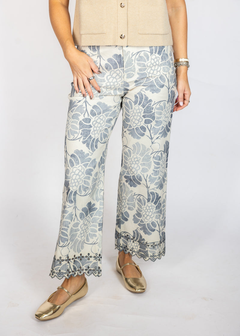 Grey Floral Eyelet Hem Pants
