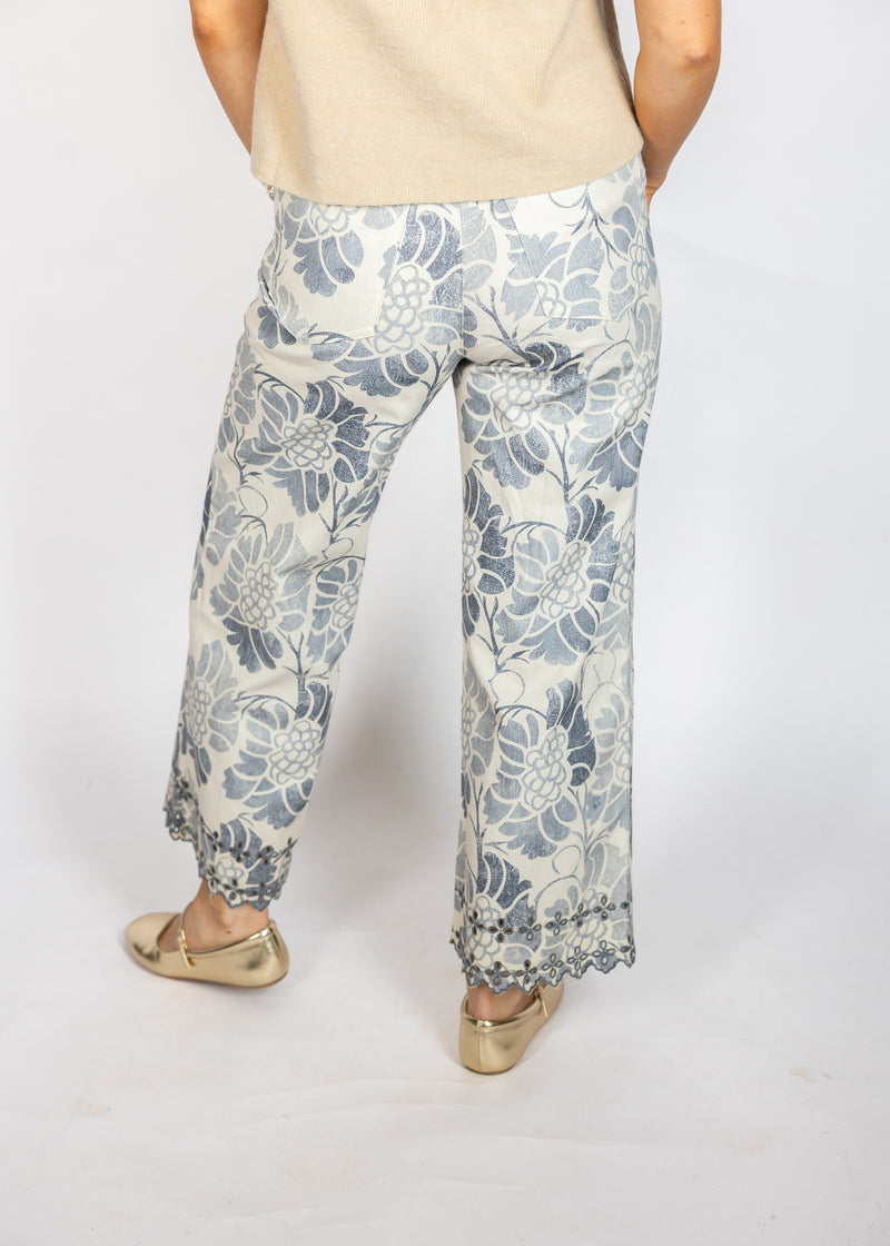 Grey Floral Eyelet Hem Pants