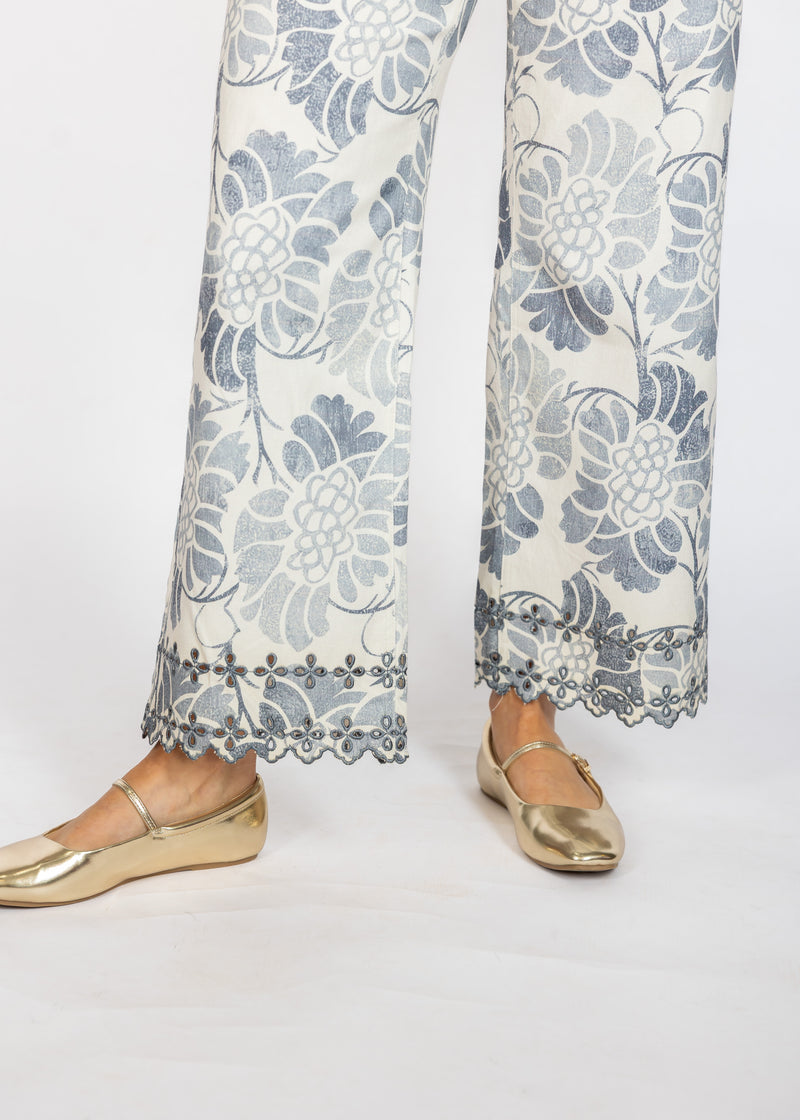 Grey Floral Eyelet Hem Pants