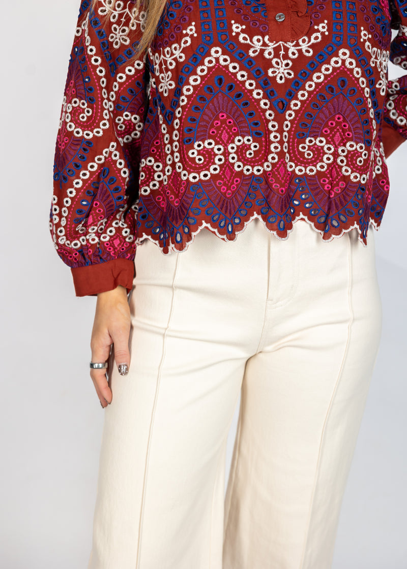 Wine Color Eyelet Top