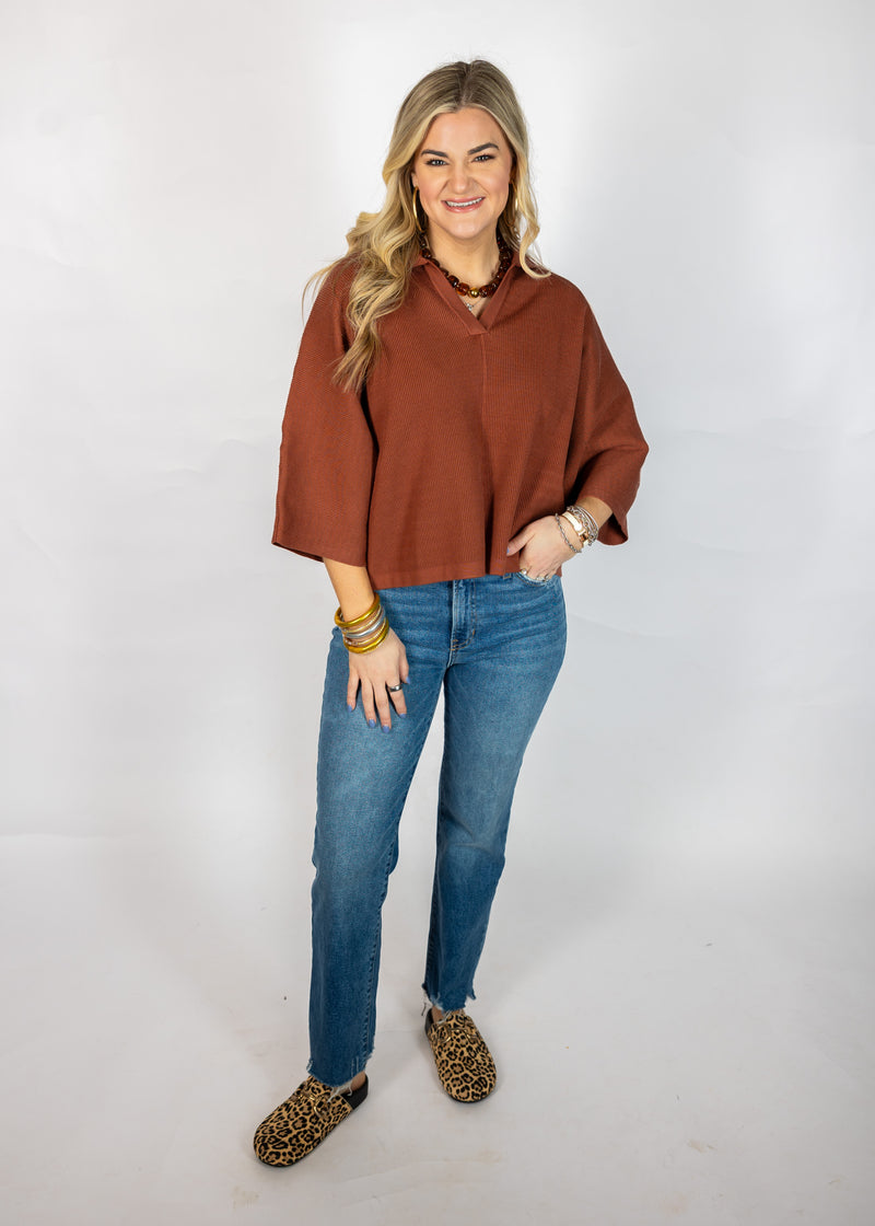 Brown Knit Short Sleeve Top