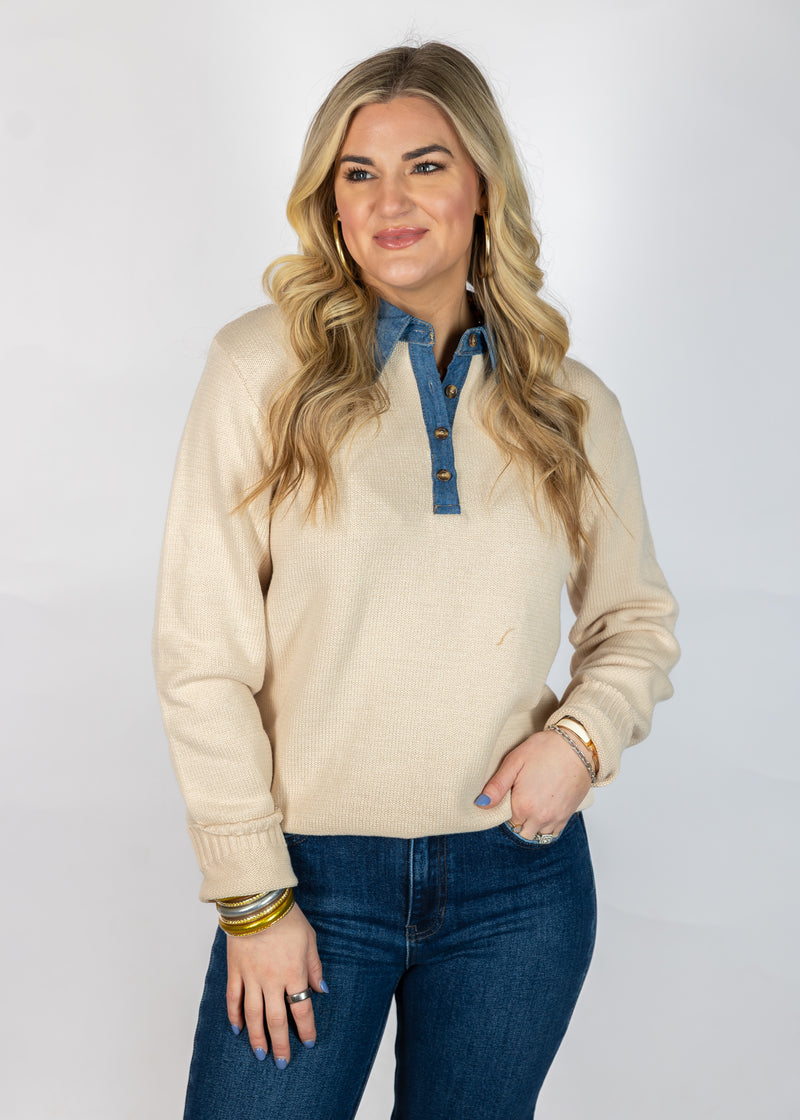 Classic Cream Henley Sweater Top
