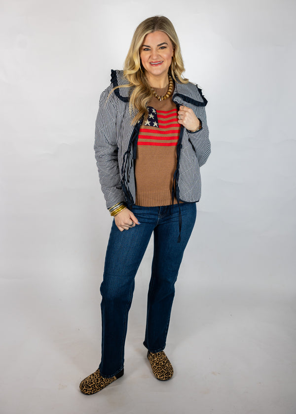 Navy Check Front Tie Jacket