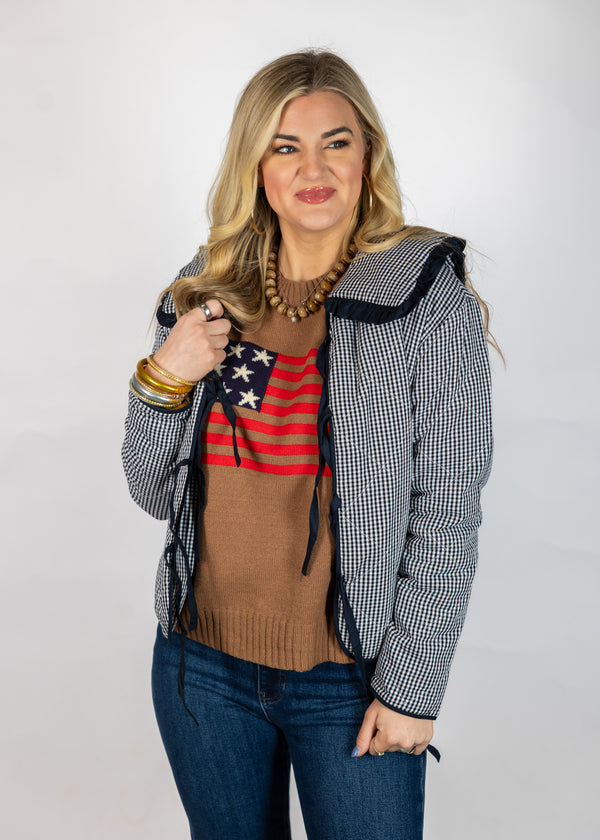 Navy Check Front Tie Jacket