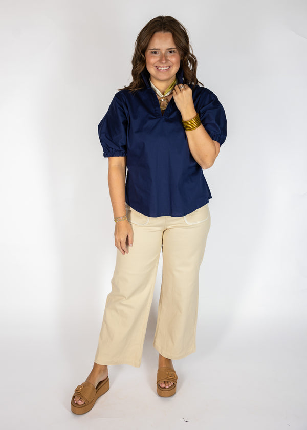Navy Stand Up Collar Top