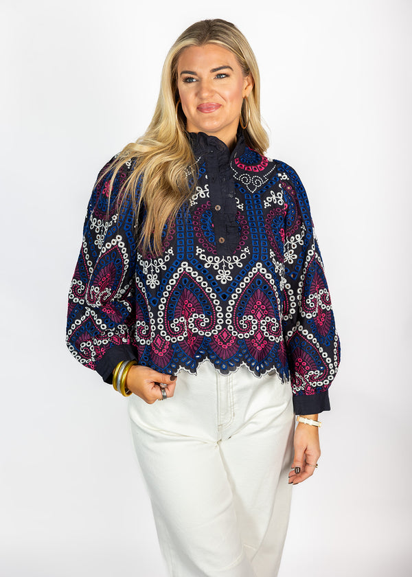 Navy Combo Eyelet Top