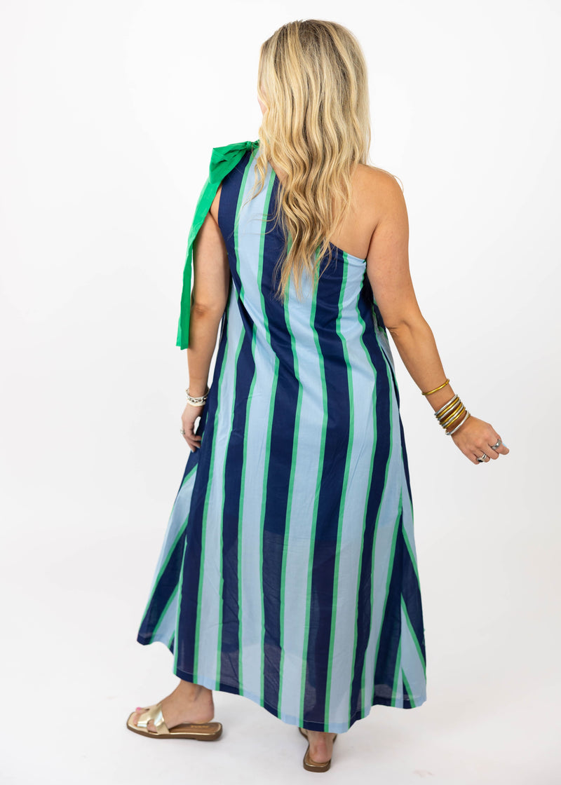 Navy & Kelly Stripe One Shoulder Dress