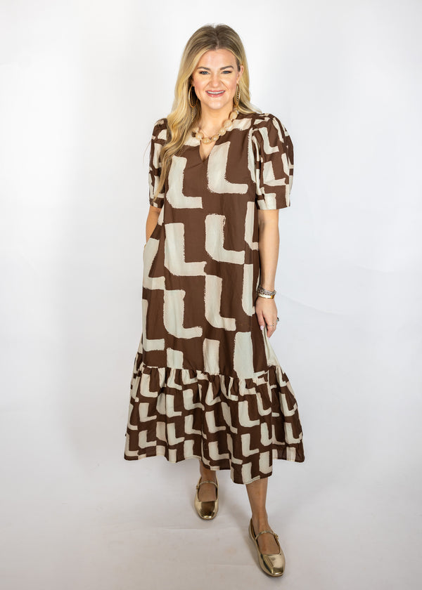 Brown Geo Midi Dress