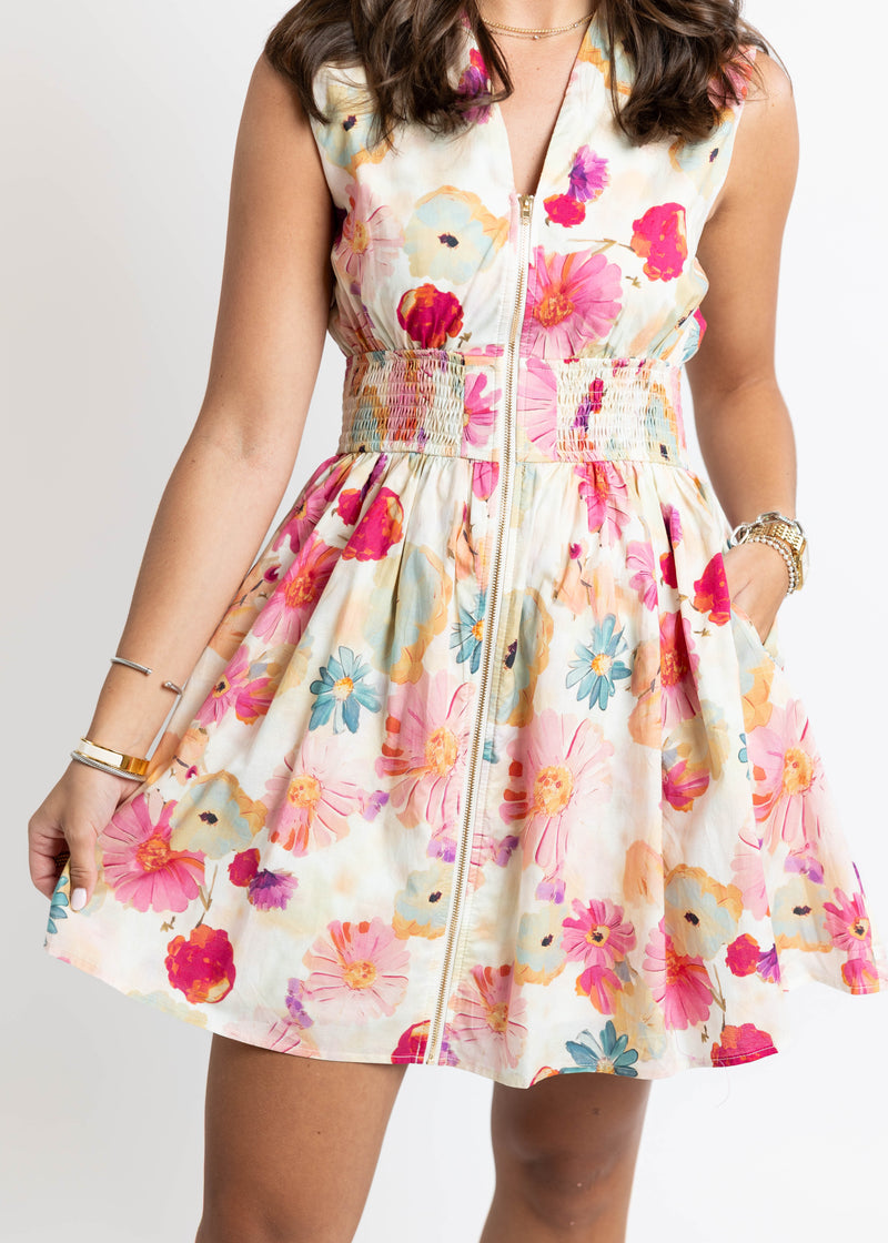 Summer Floral Zipper Mini Dress: Large