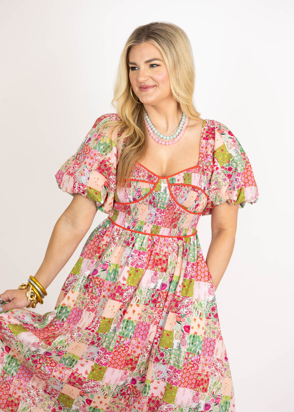 Pink Patchwork Midi Dress