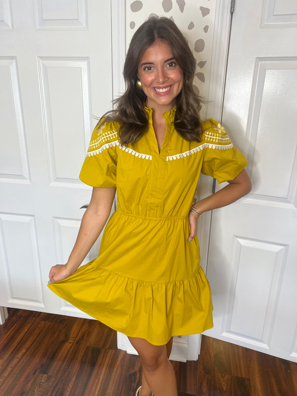 Mustard Embroidered Mini Dress