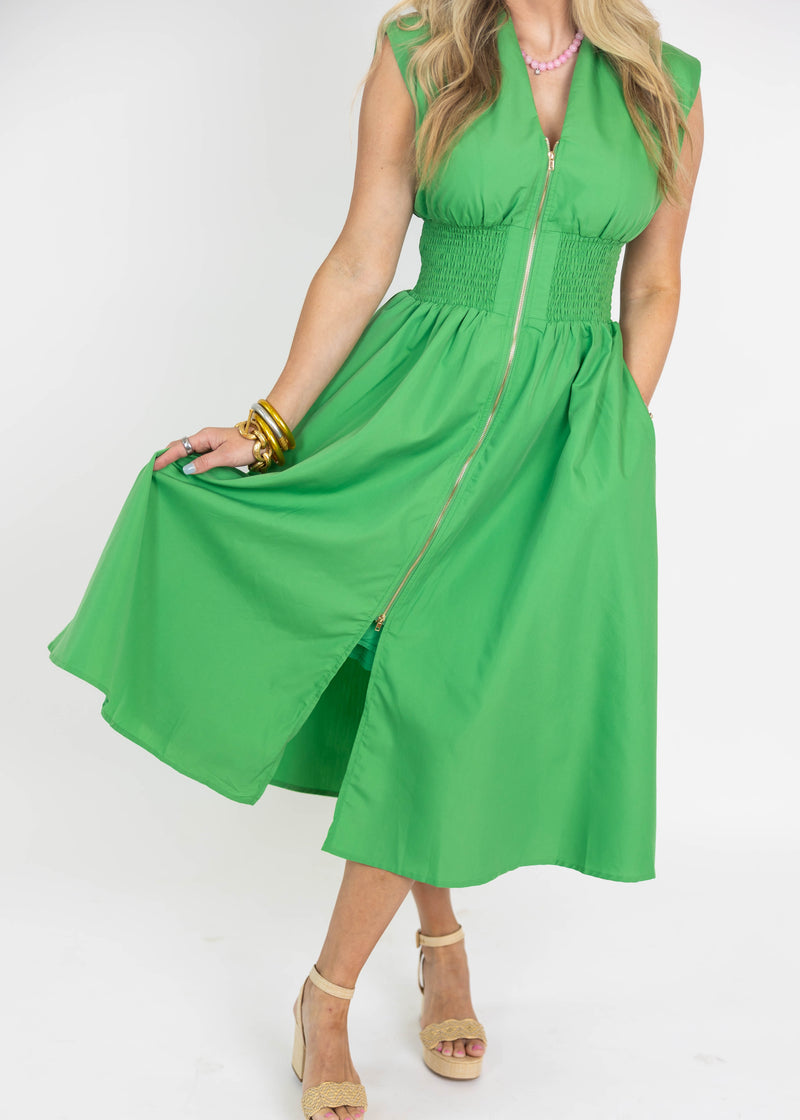 Kelly Green Zipper Midi Dress