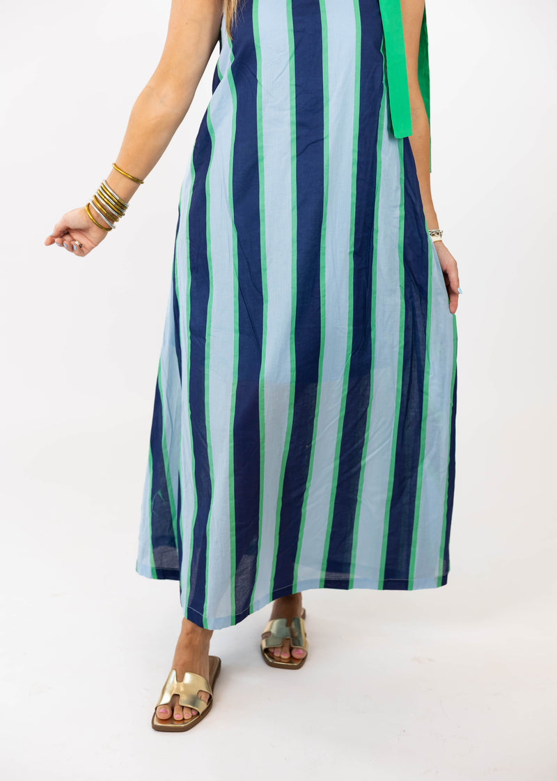 Navy & Kelly Stripe One Shoulder Dress