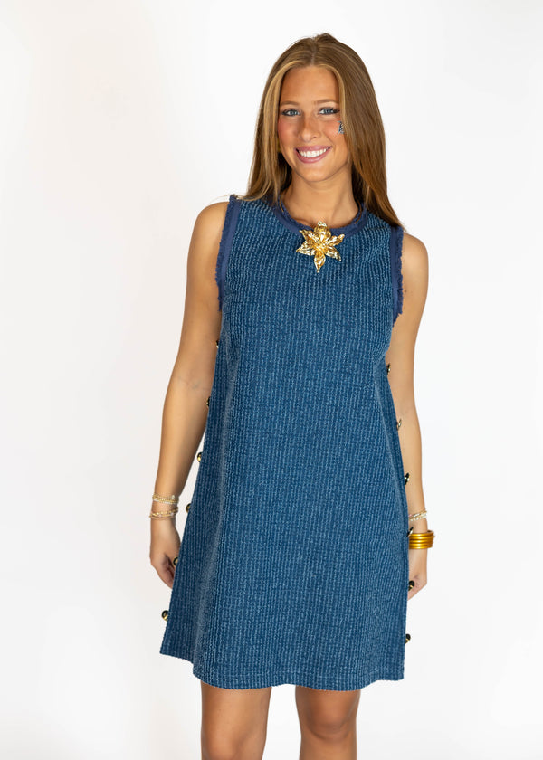 Gold Button Denim Mini Dress