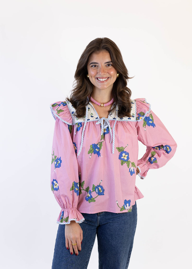 Blue Stripe Trim Pink Floral Top