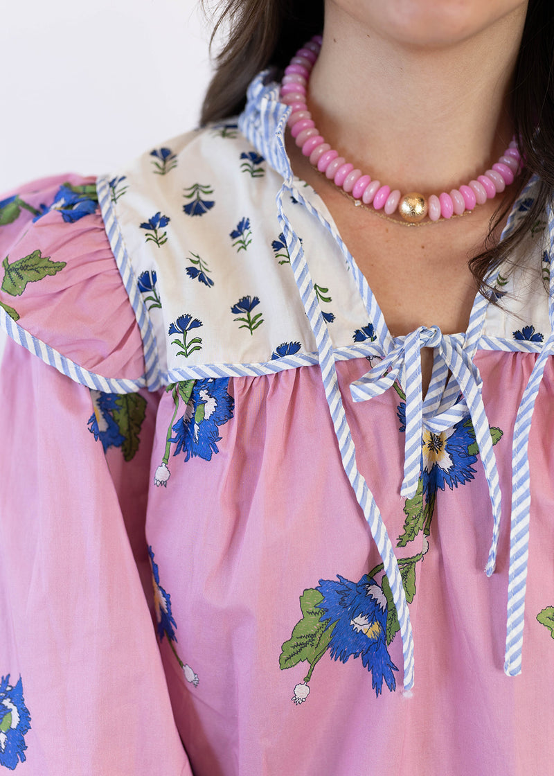 Blue Stripe Trim Pink Floral Top