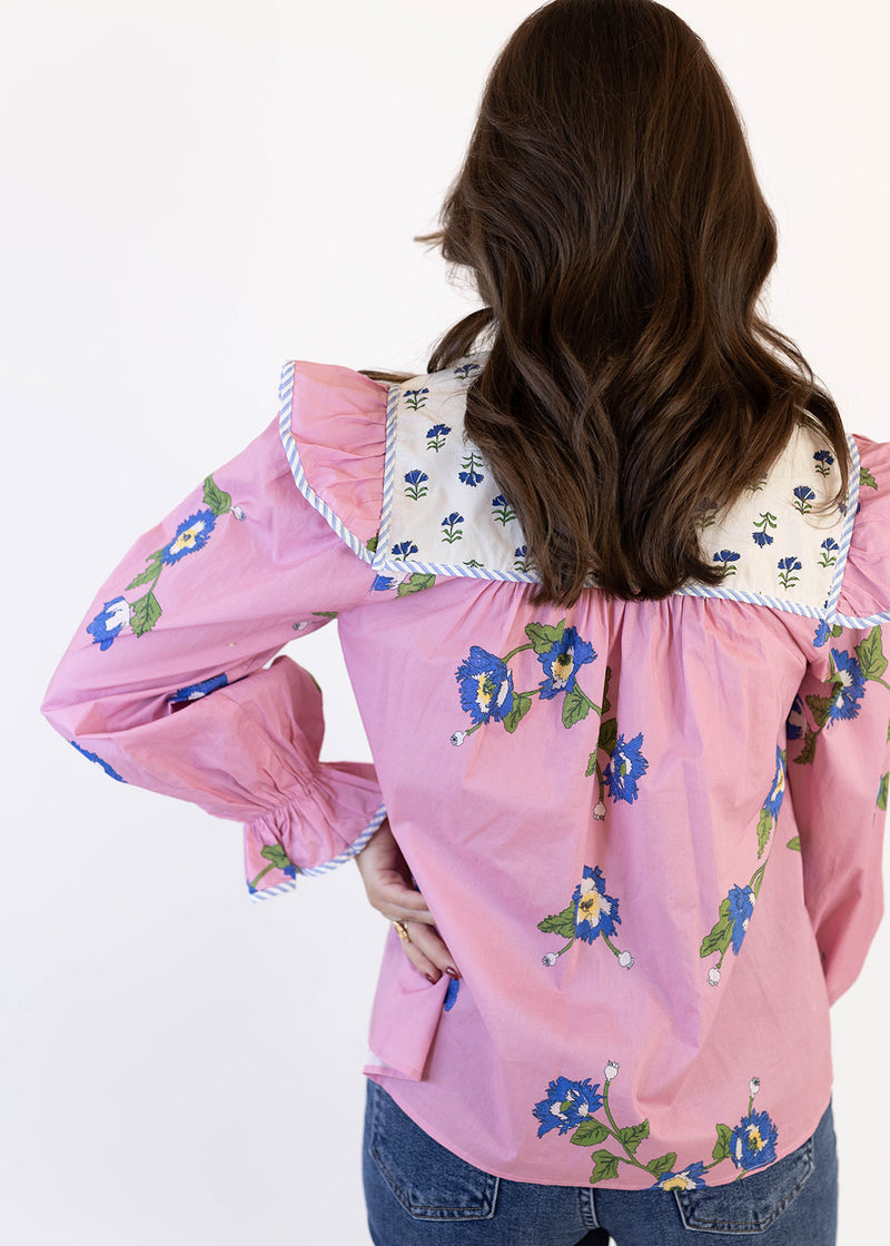 Blue Stripe Trim Pink Floral Top