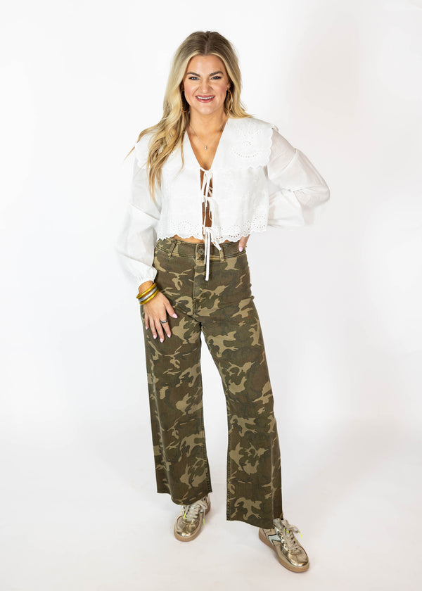 White Eyelet Tie Front Top