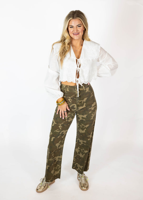 White Eyelet Tie Front Top