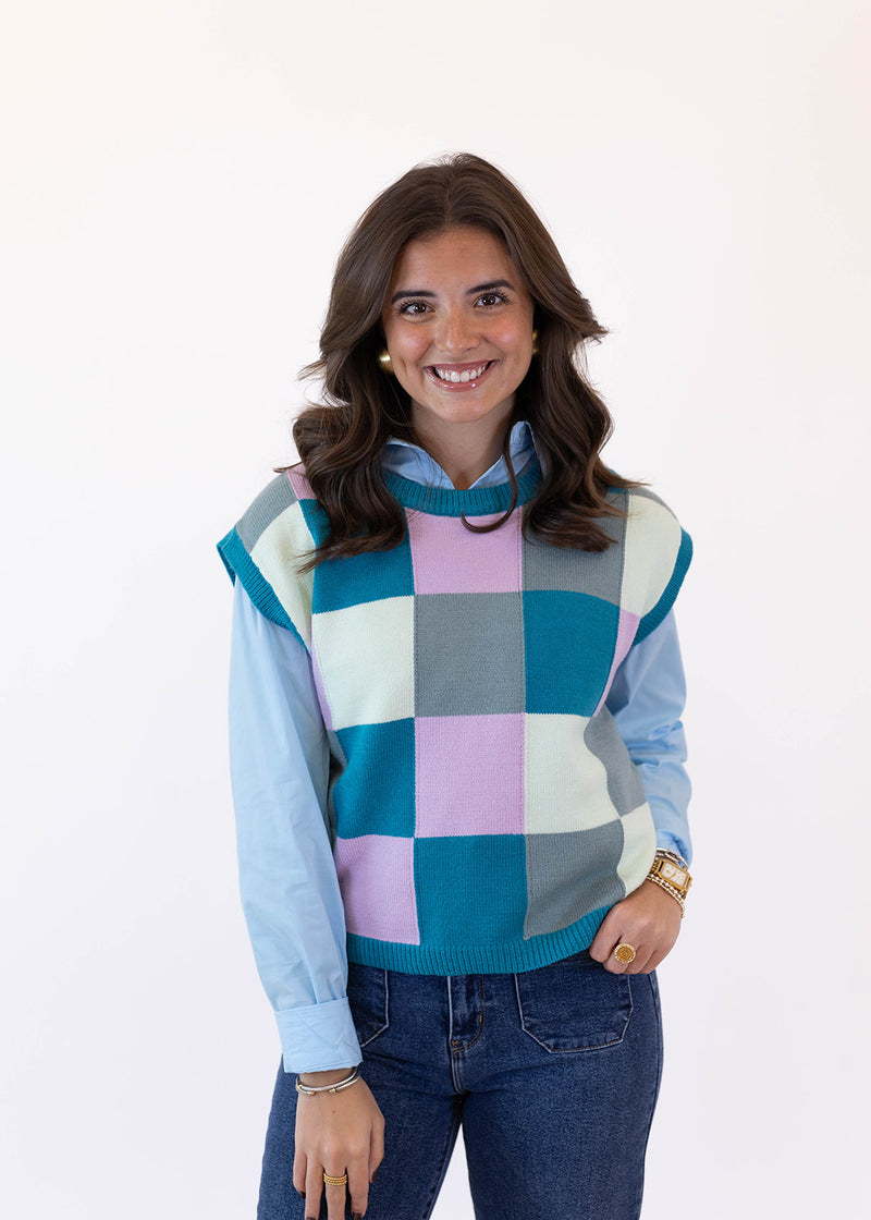 Teal Check Short Sleeve Sweater