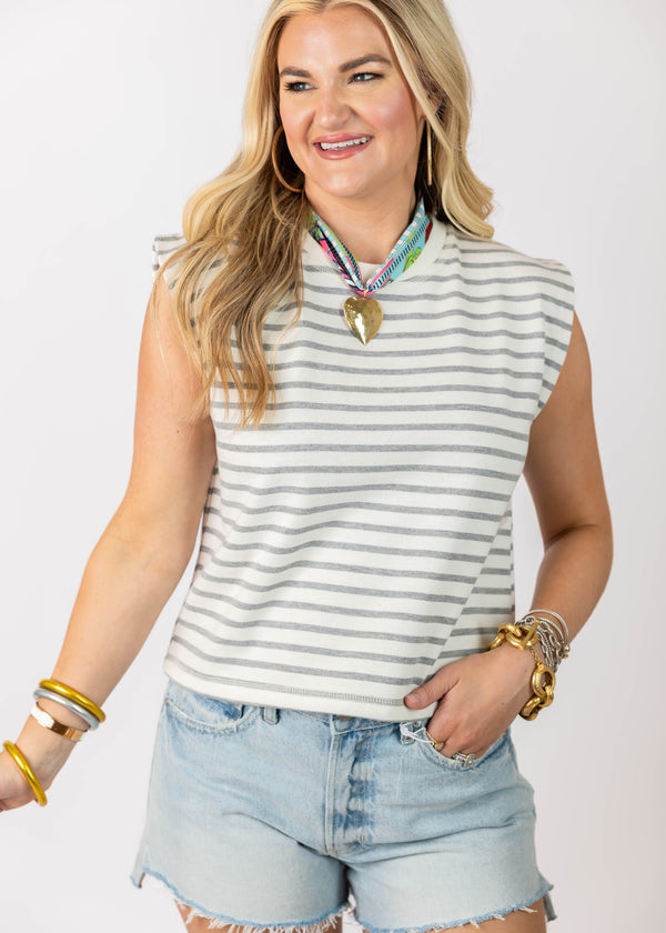 White/Grey Striped Muscle Tee