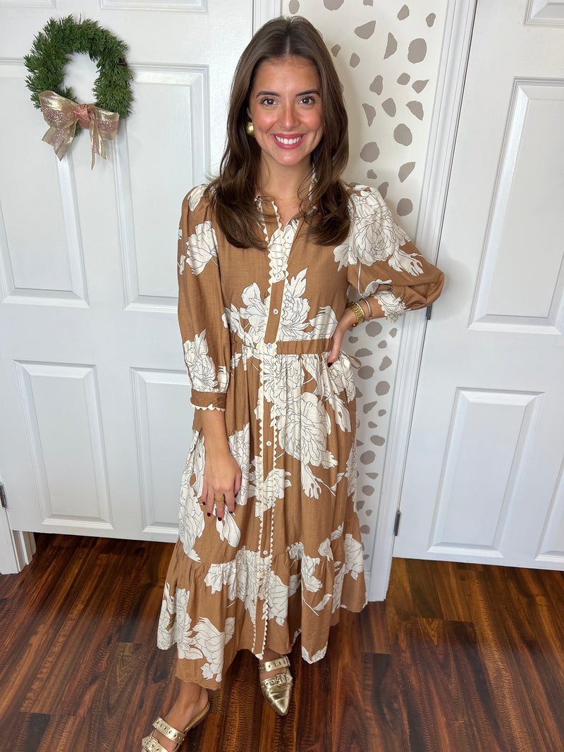 Camel Floral Midi Dress