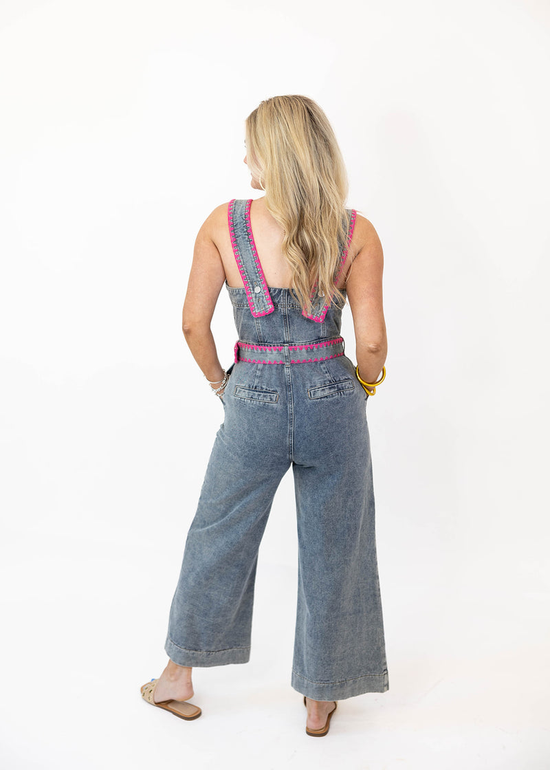 Pink Trim Denim Jumpsuit