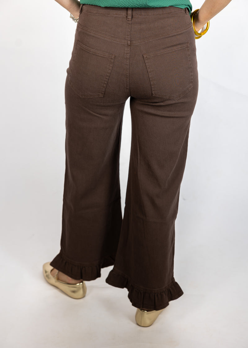 Brown Ruffle Hem Pants
