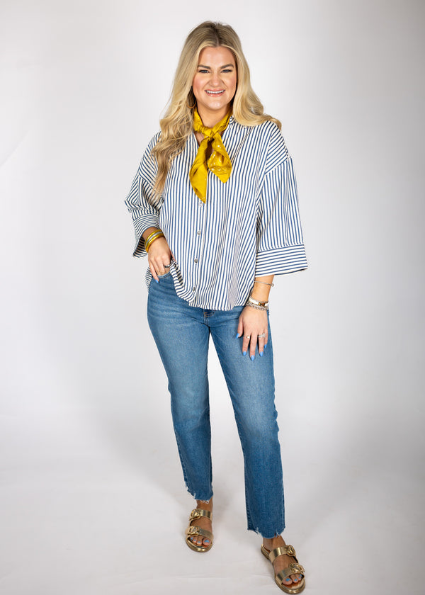 Navy Stripe Button Down Top