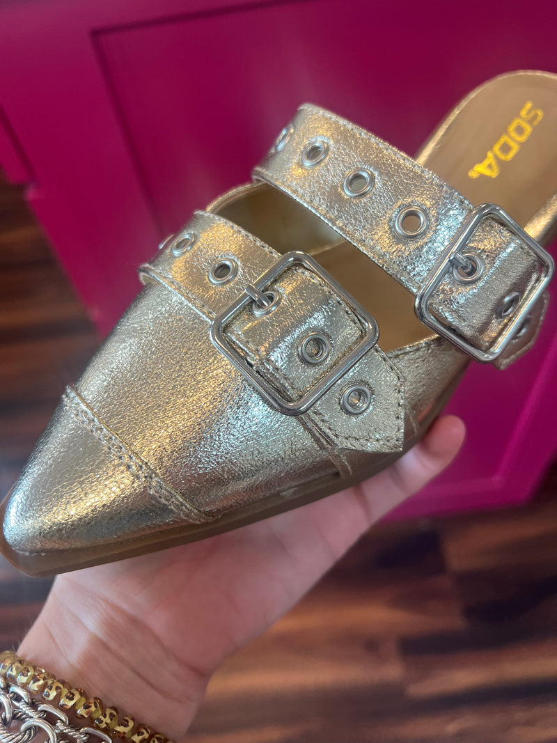 Gold Buckle Strap Mule