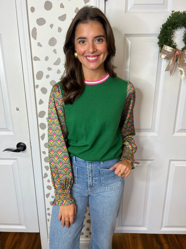 Geo Sleeve Green Sweater