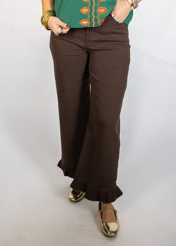 Brown Ruffle Hem Pants