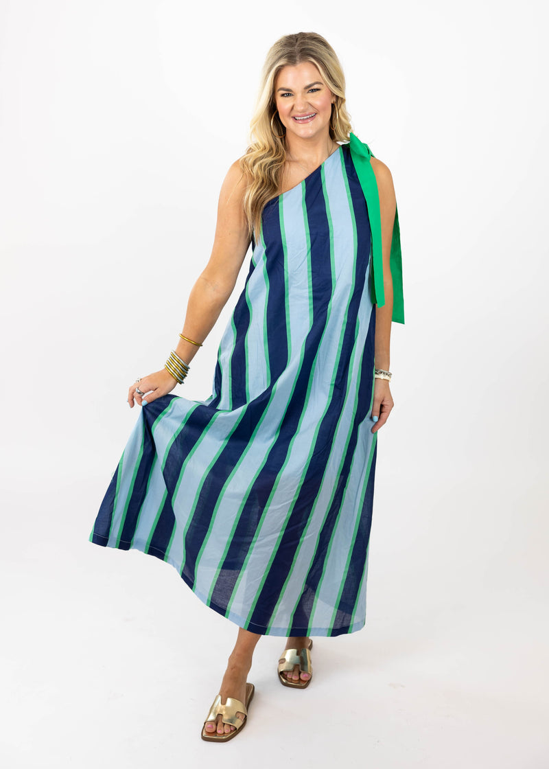 Navy & Kelly Stripe One Shoulder Dress