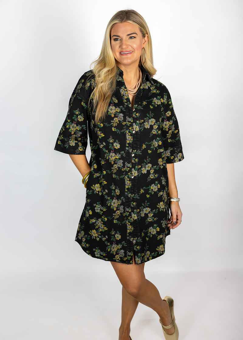 Black Floral Denim Mini Dress