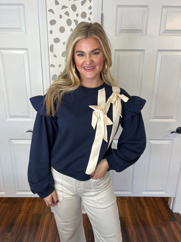 Navy Twill Bow Sweatshirt