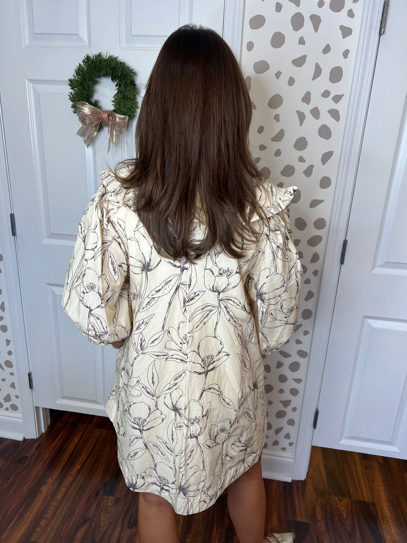 Grey Floral Print Cream Dress