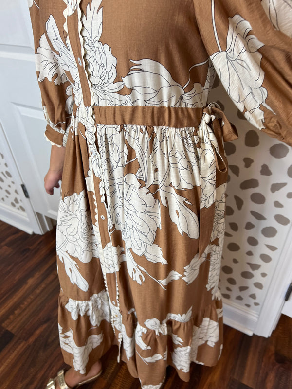 Camel Floral Midi Dress