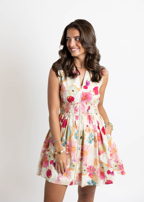 Summer Floral Zipper Mini Dress: Large